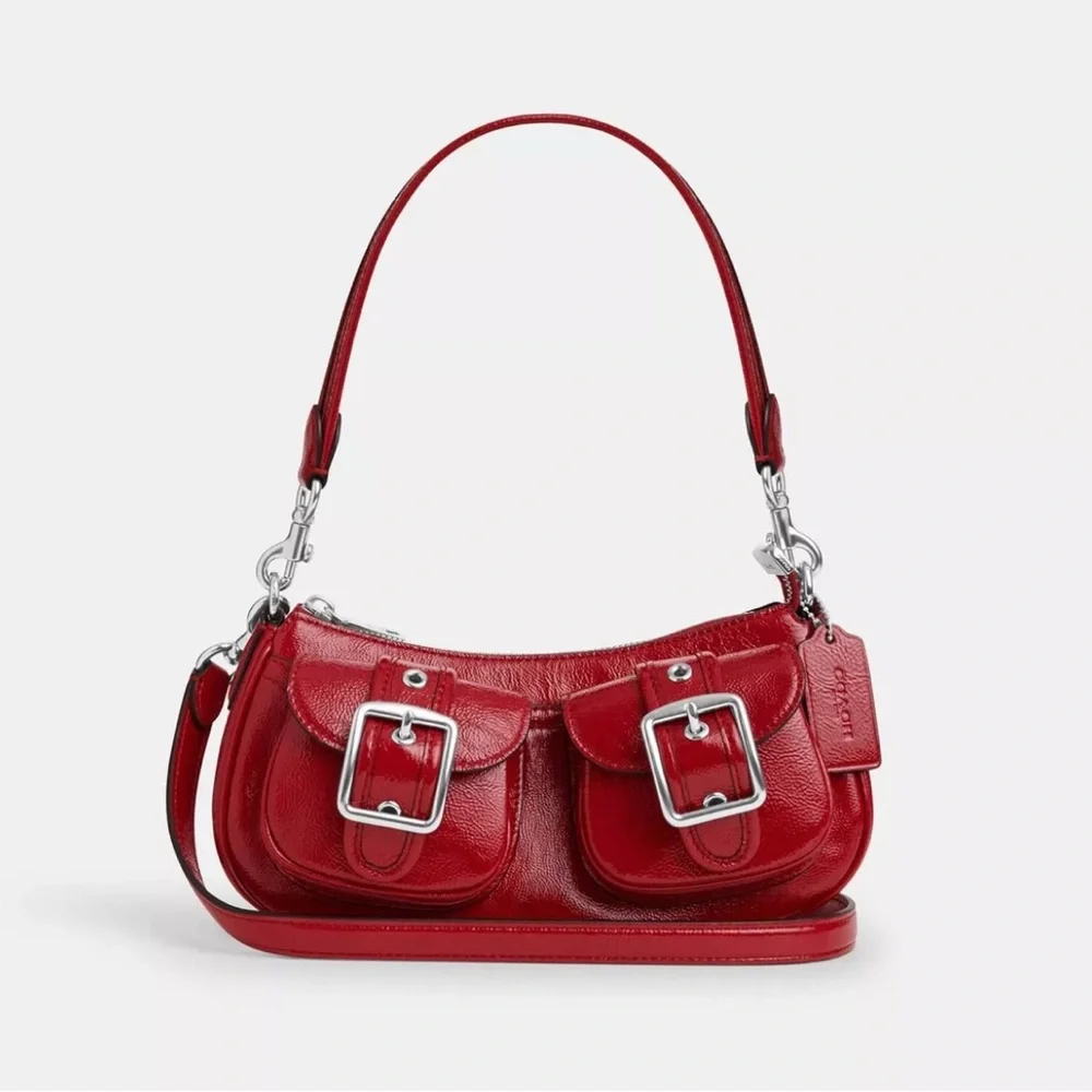NWT Coach Ashton Baguette Bag Patent Leather CV943 Silver/Red